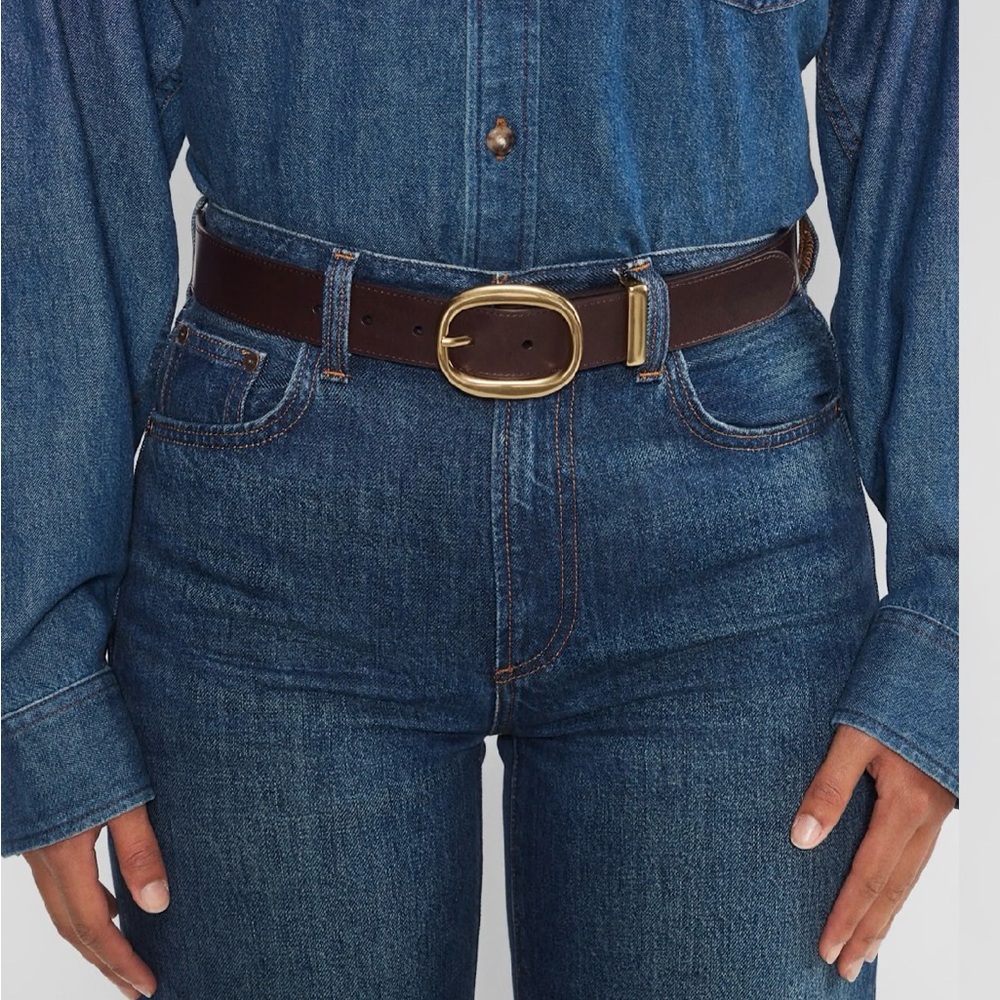 Aritzia Dark Brown Leather Belt with Gold Oval Buckle